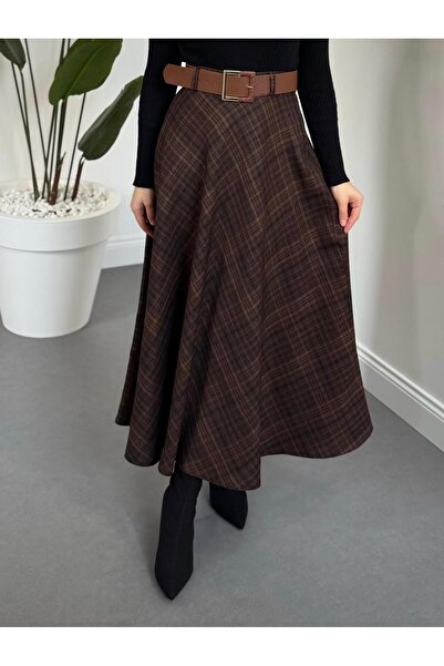 Meridosto Ekose desenli kemerli uzun etek