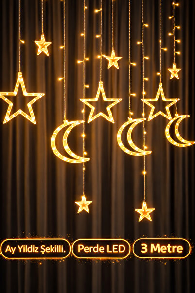 Arfseb Dekoratif Ay Yıldız LED Perde Işık | 3 Metre, 8 Fonksiyonlu, Su Geçirmez