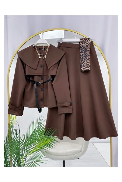 YEDİLALE GÖMLEK YAKA KEMERLİ CEKET KLOŞ ETEK İKİLİ TAKIM [ şal hariç]