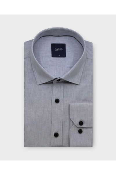 KAMER Regular Fit Long Sleeve Brit Collar Patterned Gray Shirt 4064g