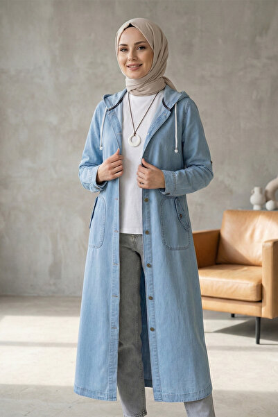 Kirazgym Women's Foldable Pocket Buttoned Pocket Hooded Denim Cap - Light Blue