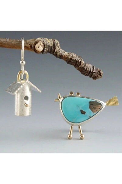 Choice T683 Vintage Copper Forged Asymmetrical Earrings, Bird House, Syntheti...
