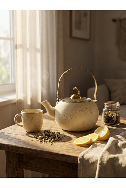 YUNUSOĞLU HOME 1 Litre Gold Kulplu Krem Granit Bitki Çayı Demliği – İndüksiyo...