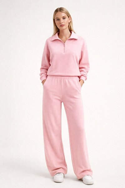 trendgar Pink Thick Fleece Half-Zip High-Neck Jogger Top and Bottom Set