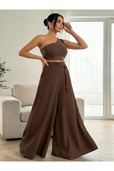 Lusin Women's Brown Lace-Up High Waist Relaxed Fit Wide Leg Sofia Linen Trousers