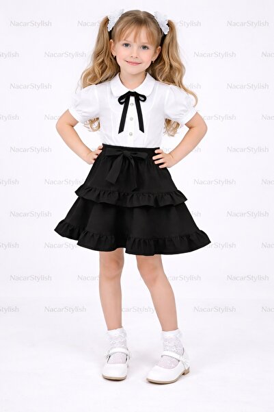 Nacar Kız Çocuk 23 Nisan 29 Ekim Fırfır Etek&Biye ve Fiyonk Detaylı Gömlek Al...