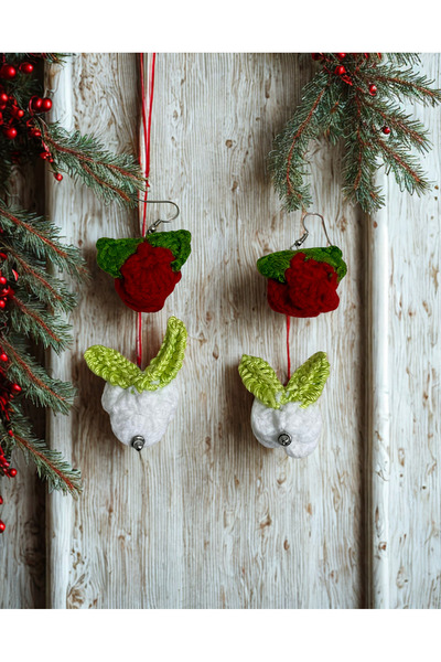 DANTEL-Design EL ÖRGÜSÜ 2'Lİ BEYAZ-KIRMIZI RENK GÜL MODEL KÜPE