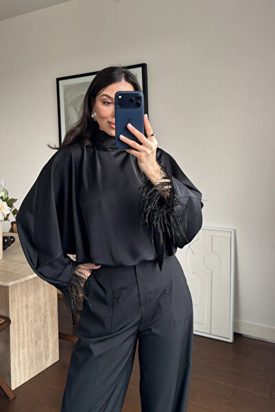 SHILSEE BEUTİQUE Women's Back-Tie Satin Blouse with Shirt Detail in Black