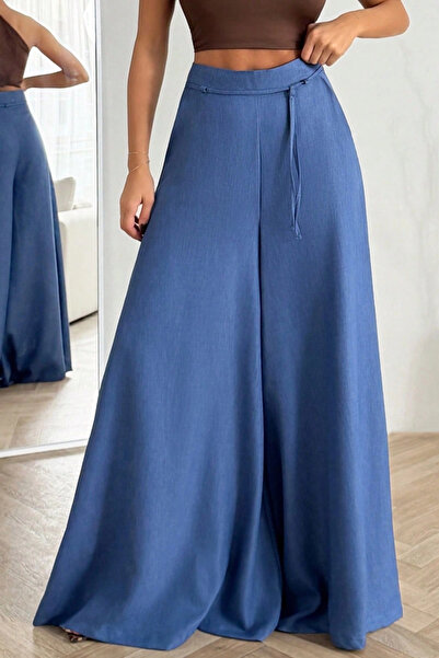 Lusin Women's Blue Lace-Up High Waist Relaxed Fit Wide Leg Sofia Linen Trousers