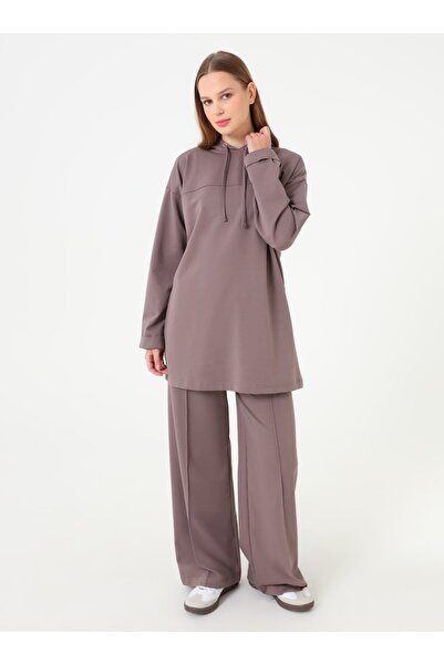 Benin Hooded Tracksuit with Stitching Detail - Mink Brown -