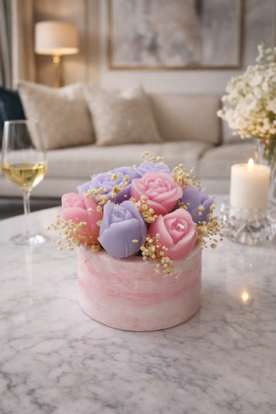 Bead Taş Saksıda El Yapımı Kokulu Mum Çiçek Aranjmanı – Dekoratif, Şık ve Kal...