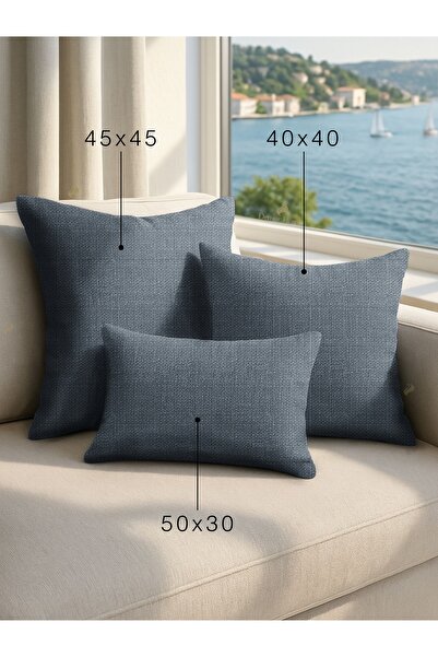 Demor Home Keten Dokulu Gece Mavisi Kırlent Yastık Kılıfı