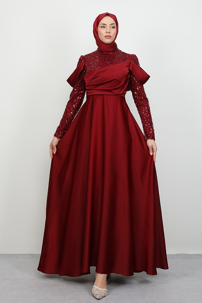 Lamia Giyim Kolu Drapeli Pullu Abiye Bordo