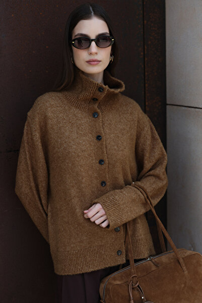 Jolamier Sütlü Kahve Ava Dik Yaka Triko Hırka