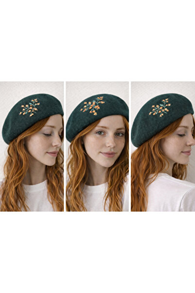 El Emeği Atölye Arakne Yeşil Renk Nakışlı Minimal Çiçek Desenli Keçe Ressam Bere