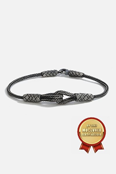 MEKS JEWELS 925 Ayar Gümüş Kazaz El İşi Siyah Oksitli Kör Düğüm Erkek Bileklik