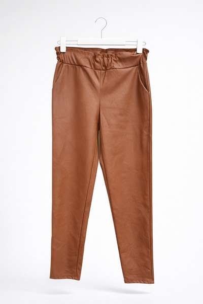 günay boutıque Elastic Waist Faux Leather Straight Cut Women's Trousers – Brown