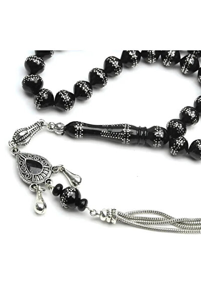 HÜNERTAŞ Double Row Shalami Cut Silver Workmanship Oltu Stone Rosary