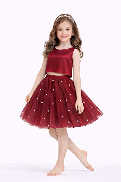 SUNEH Κοριτσίστικη φούστα μπορντό με λεπτομέρειες από πέρλες, φούστα για πάρτ...