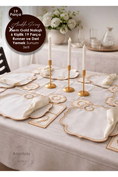 ALSİ HOME Krem Gold Nakışlı 6 Kişilik Runner ve Yemek Sunum Seti 19 Parça