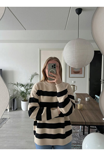 Dier Moda Women's Oversize Knitwear Sweater Stone White Striped, Comfortable ...