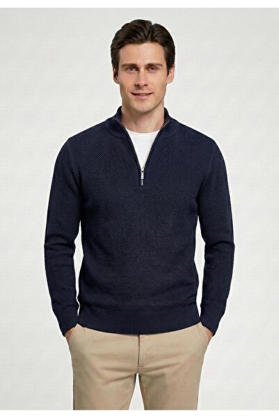 Felix Hardy Men's Goose Feet Patterned Knitwear Half-Zip Sweater - Navy Blue