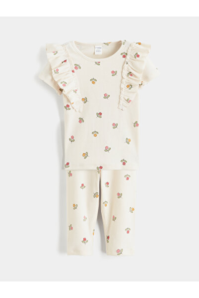 LC Waikiki Tricou cu guler rotund și imprimeu floral pentru fete și colanți
