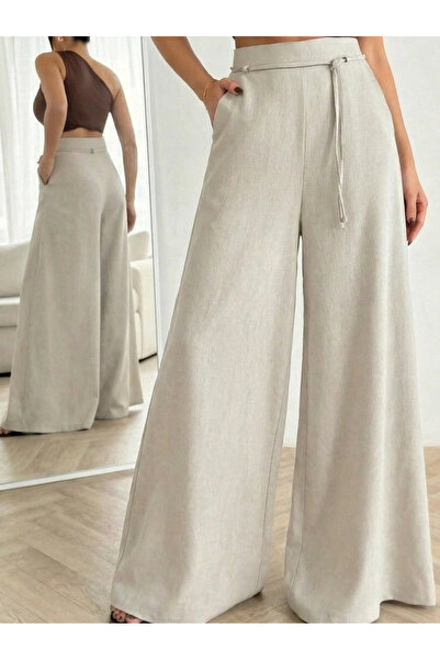 Lusin Women's Stone Lace-Up High Waist Relaxed Fit Wide Leg Sofia Linen Trousers