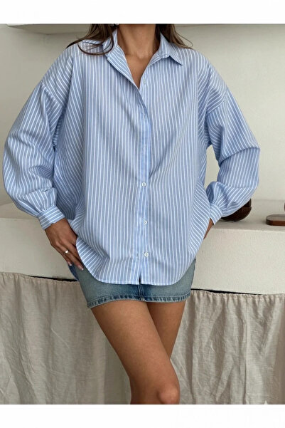 Lusin Γυναικείο πουκάμισο Baby Blue Premium Quality με ριγέ μανίκια μπαλόνι σ...