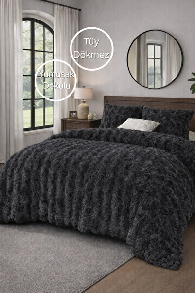 PEREN HOME Premium Tavşan Tüyü Peluş Çift Kişilik Yatak Örtüsü Seti Antrasit ...