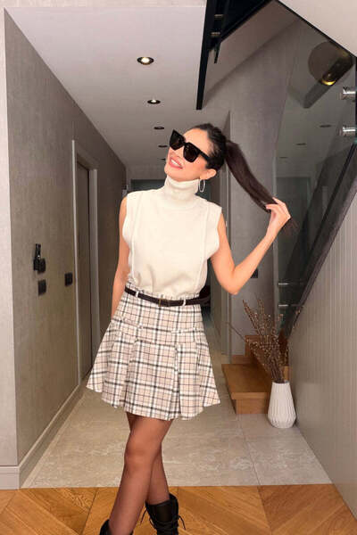 FABB Bej Ekose Mini Şort Etek