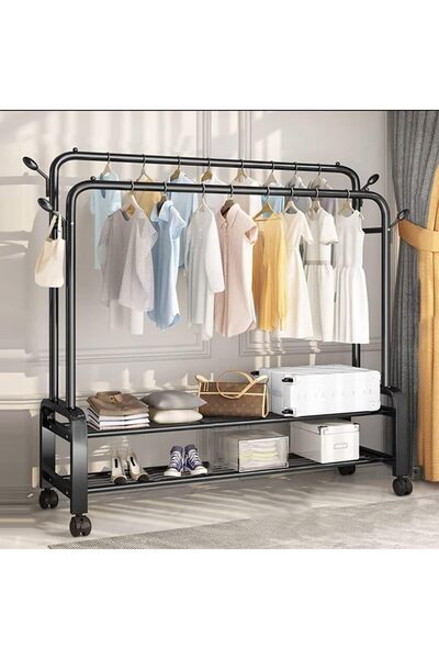 Generic Double Rail Heavy Duty Garment Rack with 2-Tier Shoe Storage & Wheels