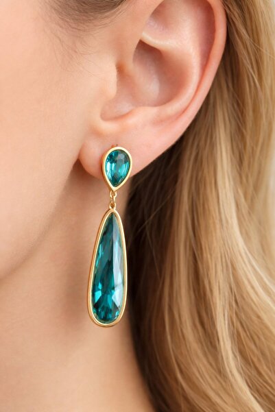 TAKIŞTIR Altın Renk Mavi Taş Detaylı Çelik Küpe (Çift)