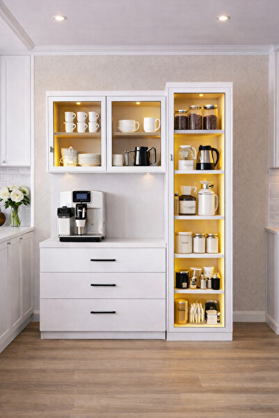 Setay Vitrinli Ünite, Liveo Kahve Köşesi + Çok Amaçlı Raflı Tek Kapaklı Dolap...