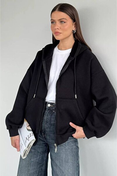 DİLARA GİYİM Front Zippered Hooded Sweatshirt with Embroidery and Stone Detai...