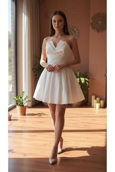 aşkın göksu Ekru Straplez Yaka Kadın Abiye