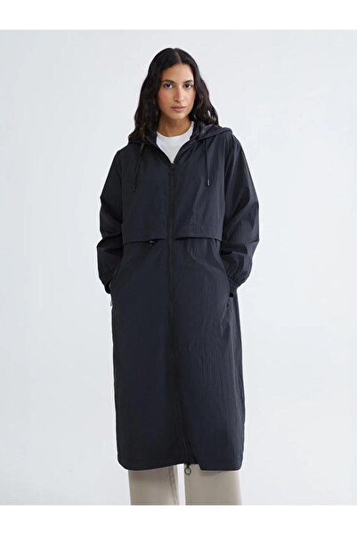 LC Waikiki Black Hooded Drawstring Women's Raincoat (S6)