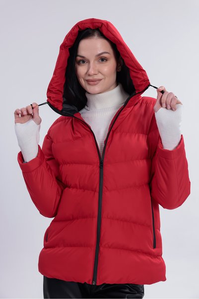 Gizrain Women's Red Hooded Inflatable Coat - Windproof Water Resistant Coat