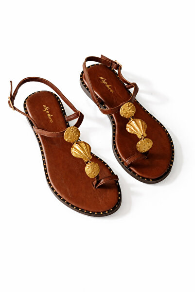 DaphneSandals Hakiki Deri Taba Deniz Kabuğu Detaylı Kadın Sandalet - 5419