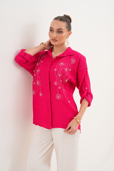 ZENA BY ÇETİN LEVENT Stone Pearl Detailed Loose Cut Women's Shirt