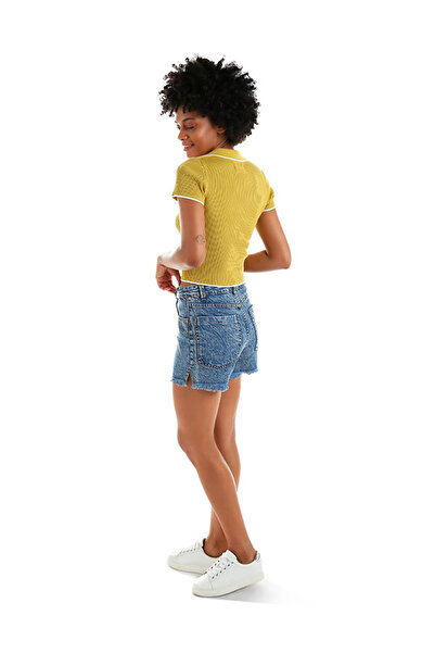 london Rag Women Acid Blue Side Slit Raw Hem Denim Shorts