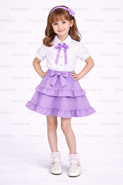 Nacar Kız Çocuk 23 Nisan 29 Ekim Fırfır Etek&Biye ve Fiyonk Detaylı Gömlek Al...