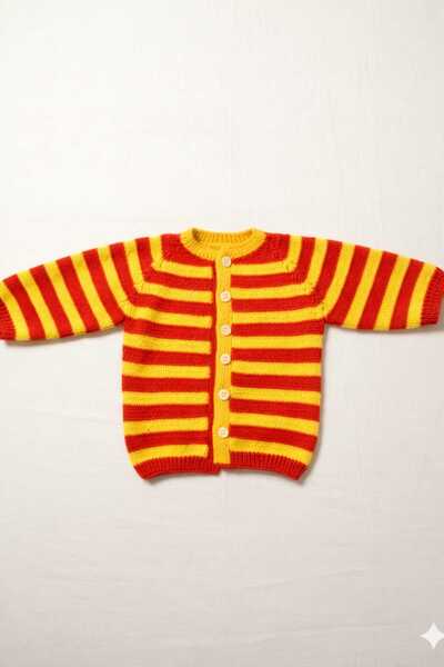Berliva Home Yellow-Red Striped 0-6 Months Baby Wool Cardigan-Jacket Hand Kni...