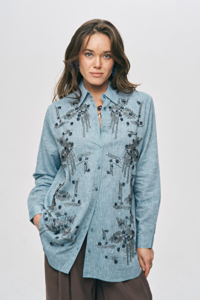 Orfeo Negro Women's Handcrafted Beaded and Embroidered Oversized Cut Shirt