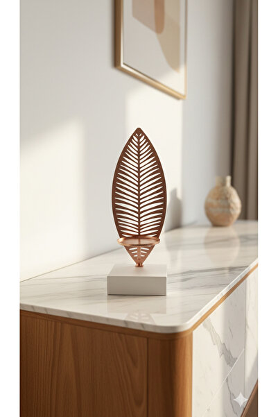 Zilvana Bronz Yaprak Tasarım Metal Mumluk Şamdan Beyaz Kaideli Dekoratif Obje