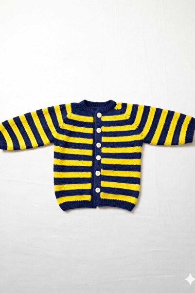 Berliva Home Yellow-Navy Blue Striped 0-6 Months Baby Wool Cardigan-Jacket Ha...