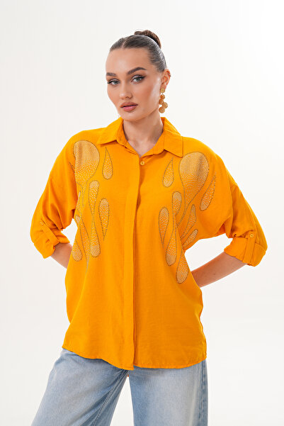 ZENA BY ÇETİN LEVENT Oversize Loose Cut Women's Shirt with Drop Stone Detail