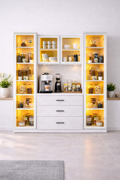 Setay Vitrinli Ünite, Liveo Kahve Köşesi + Çok Amaçlı Raflı İki Kapaklı Dolap...