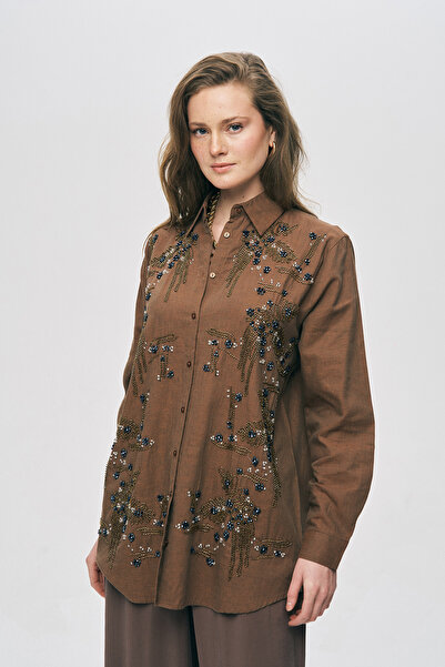 Orfeo Negro Women's Handcrafted Beaded and Embroidered Oversized Cut Shirt