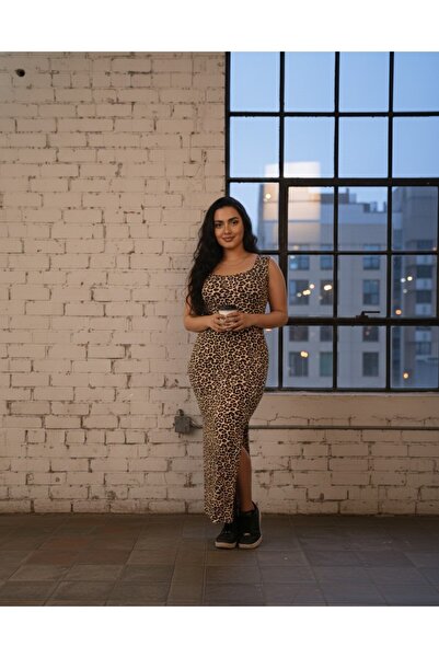 JustBS Leopard Patterned Square Collar Slit Maxi Dress